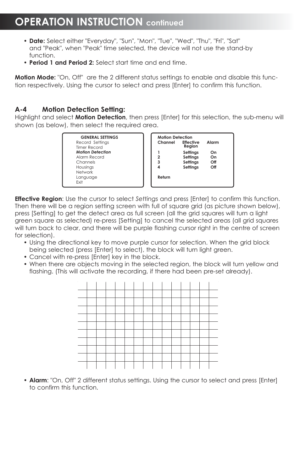 Operation instruction, Continued, A-4 motion detection setting | SVAT Electronics CVDVR900 User Manual | Page 13 / 24