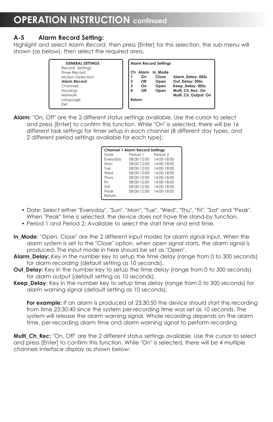 Operation instruction, Continued, A-5 alarm record setting | SVAT Electronics CVDVR900 User Manual | Page 14 / 24