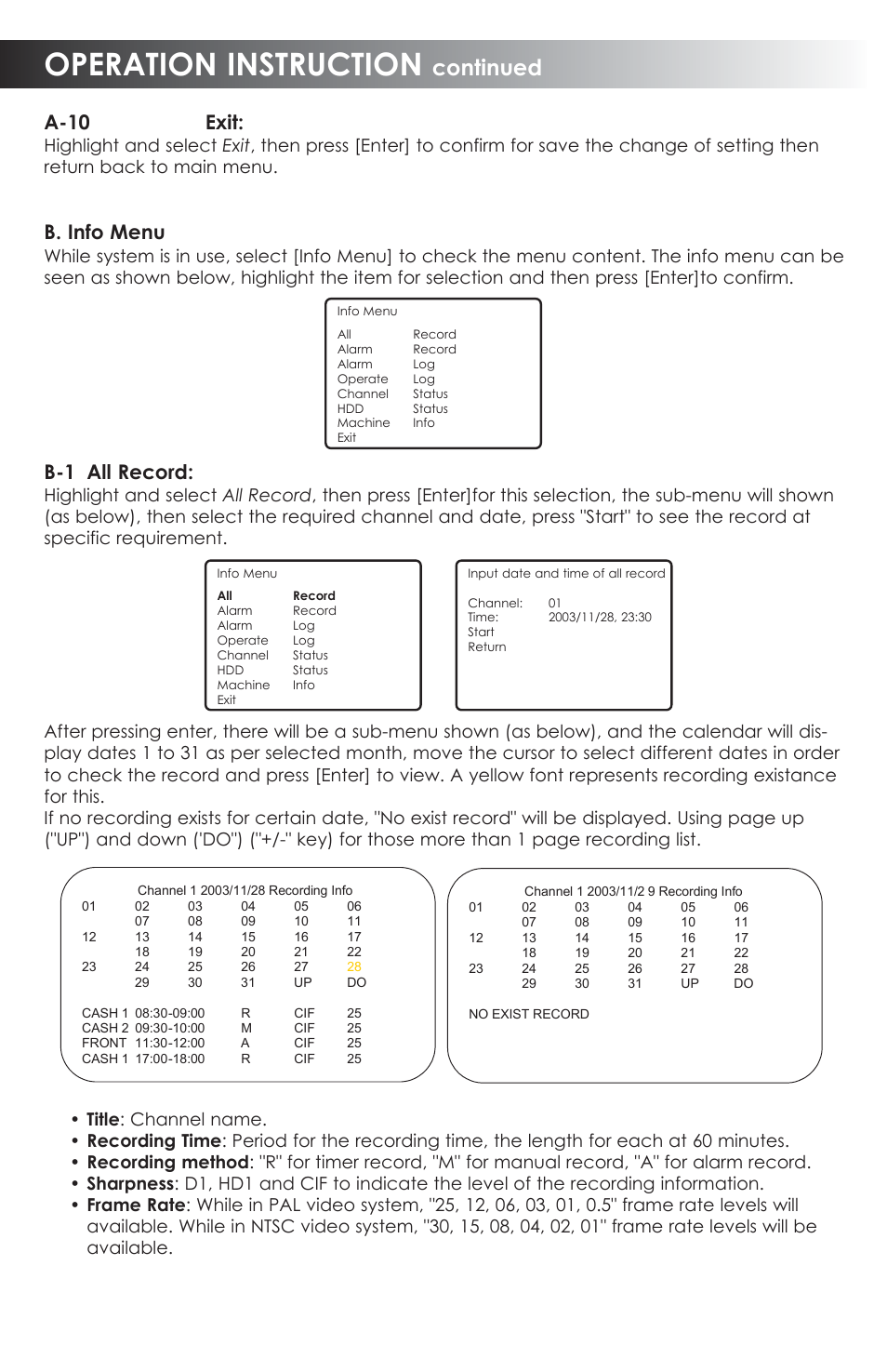 Operation instruction, Continued, A-10 exit | B. info menu, B-1 all record | SVAT Electronics CVDVR900 User Manual | Page 17 / 24