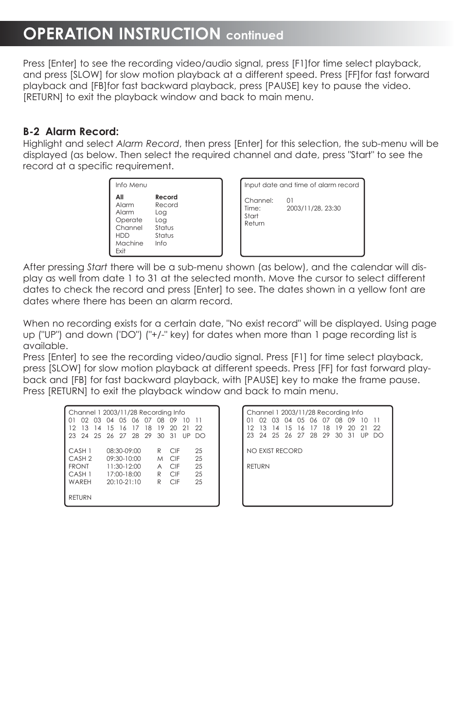 Operation instruction, Continued, B-2 alarm record | SVAT Electronics CVDVR900 User Manual | Page 18 / 24