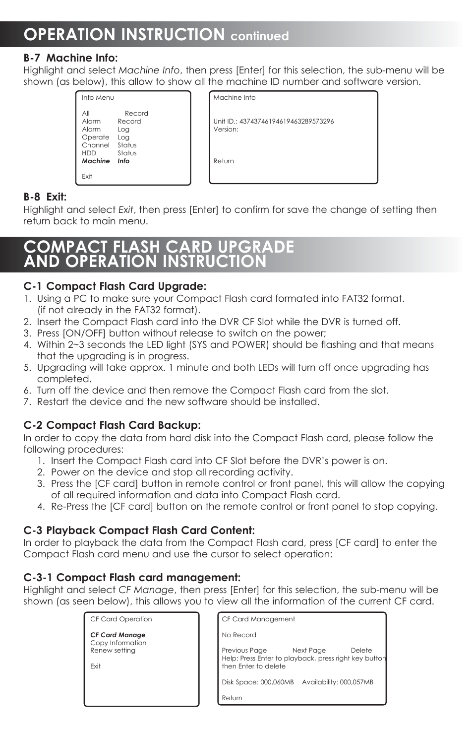 Operation instruction, Continued, B-7 machine info | B-8 exit, C-1 compact flash card upgrade, C-2 compact flash card backup, C-3 playback compact flash card content, C-3-1 compact flash card management | SVAT Electronics CVDVR900 User Manual | Page 20 / 24