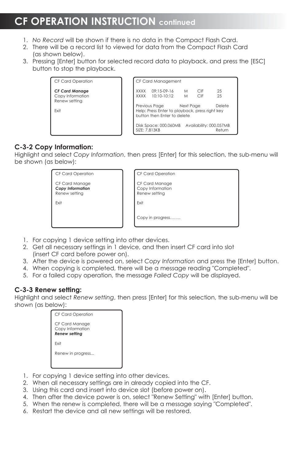 Cf operation instruction, Continued, C-3-2 copy information | C-3-3 renew setting | SVAT Electronics CVDVR900 User Manual | Page 21 / 24