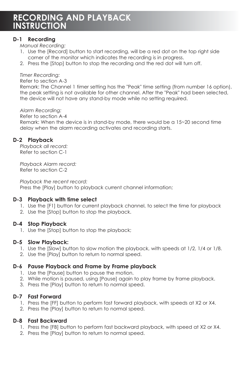 Recording and playback instruction | SVAT Electronics CVDVR900 User Manual | Page 22 / 24