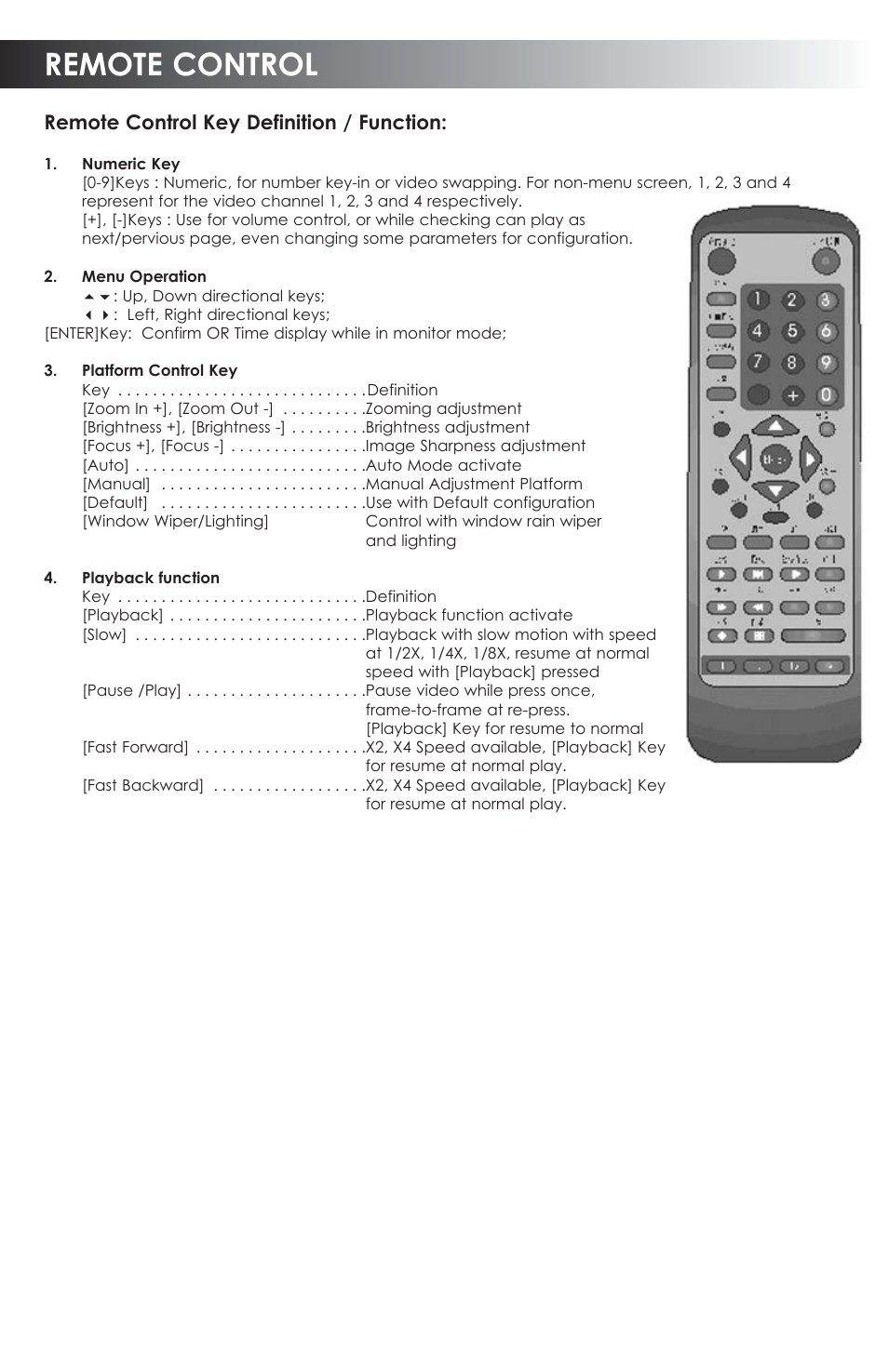 Remote control, Remote control key definition / function | SVAT Electronics CVDVR900 User Manual | Page 7 / 24