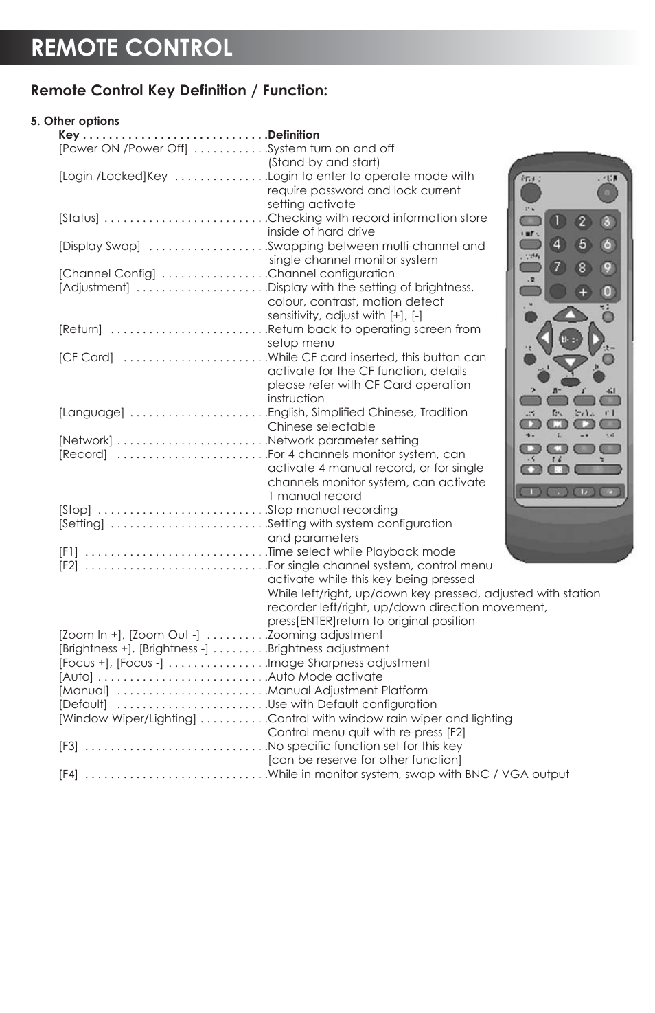 Remote control, Remote control key definition / function | SVAT Electronics CVDVR900 User Manual | Page 8 / 24