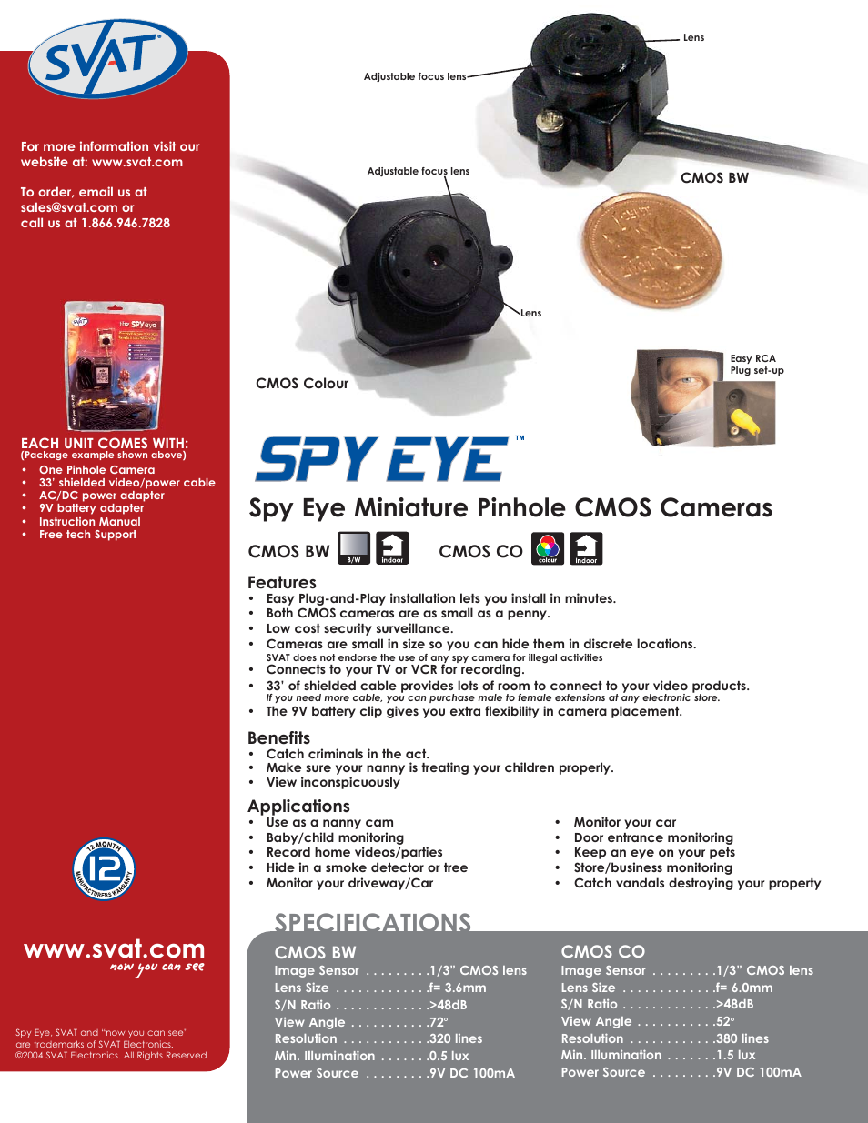Features, Benefits, Applications | Cmos bw, Cmos co, Cmos bw cmos co | SVAT Electronics CMOS BW User Manual | Page 2 / 2