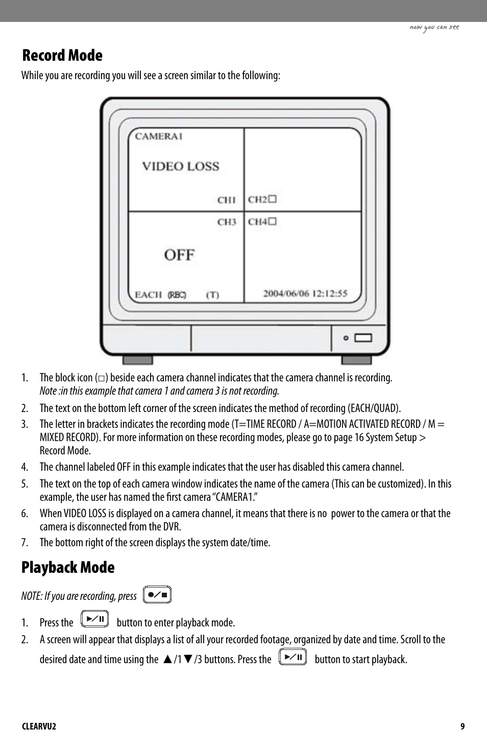 Record mode, Playback mode | SVAT Electronics CLEARVU2 User Manual | Page 12 / 32