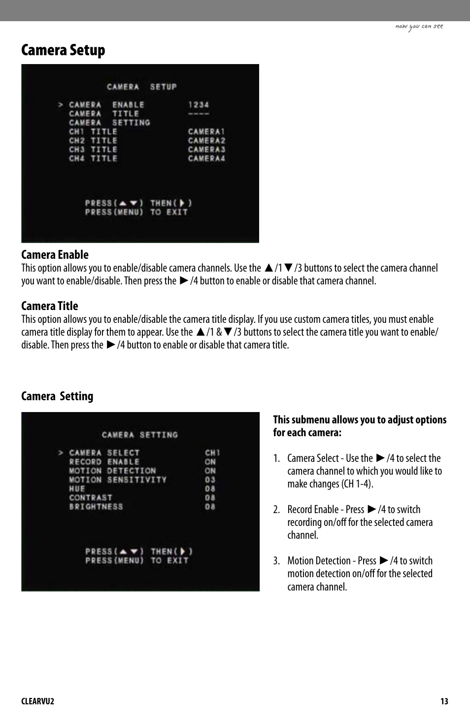 Camera setup | SVAT Electronics CLEARVU2 User Manual | Page 16 / 32