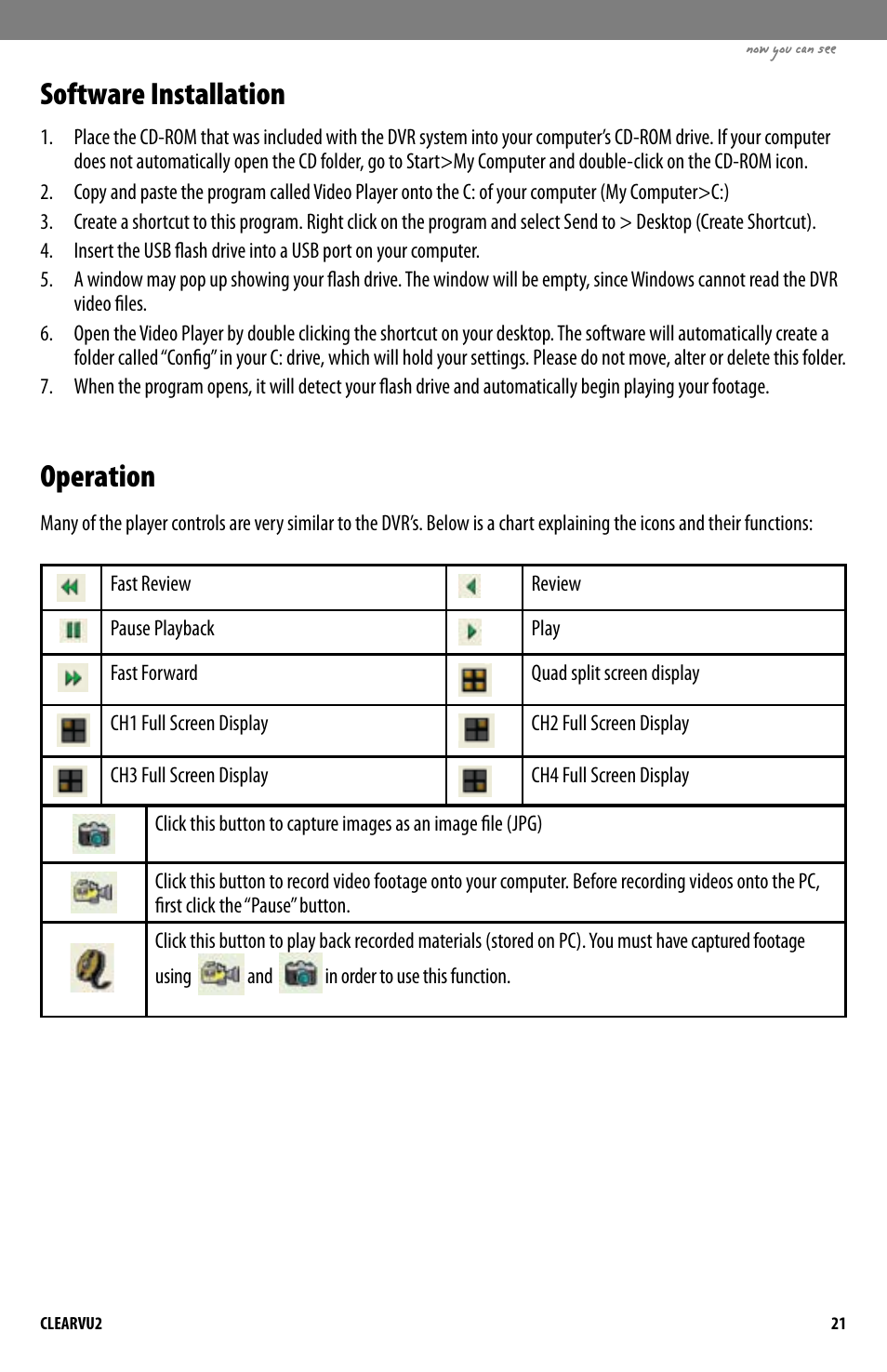 Software installation, Operation | SVAT Electronics CLEARVU2 User Manual | Page 24 / 32