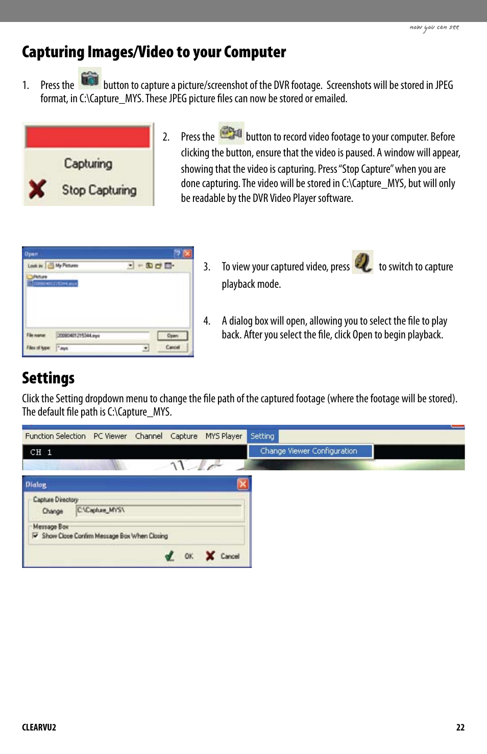 Capturing images/video to your computer, Settings | SVAT Electronics CLEARVU2 User Manual | Page 25 / 32