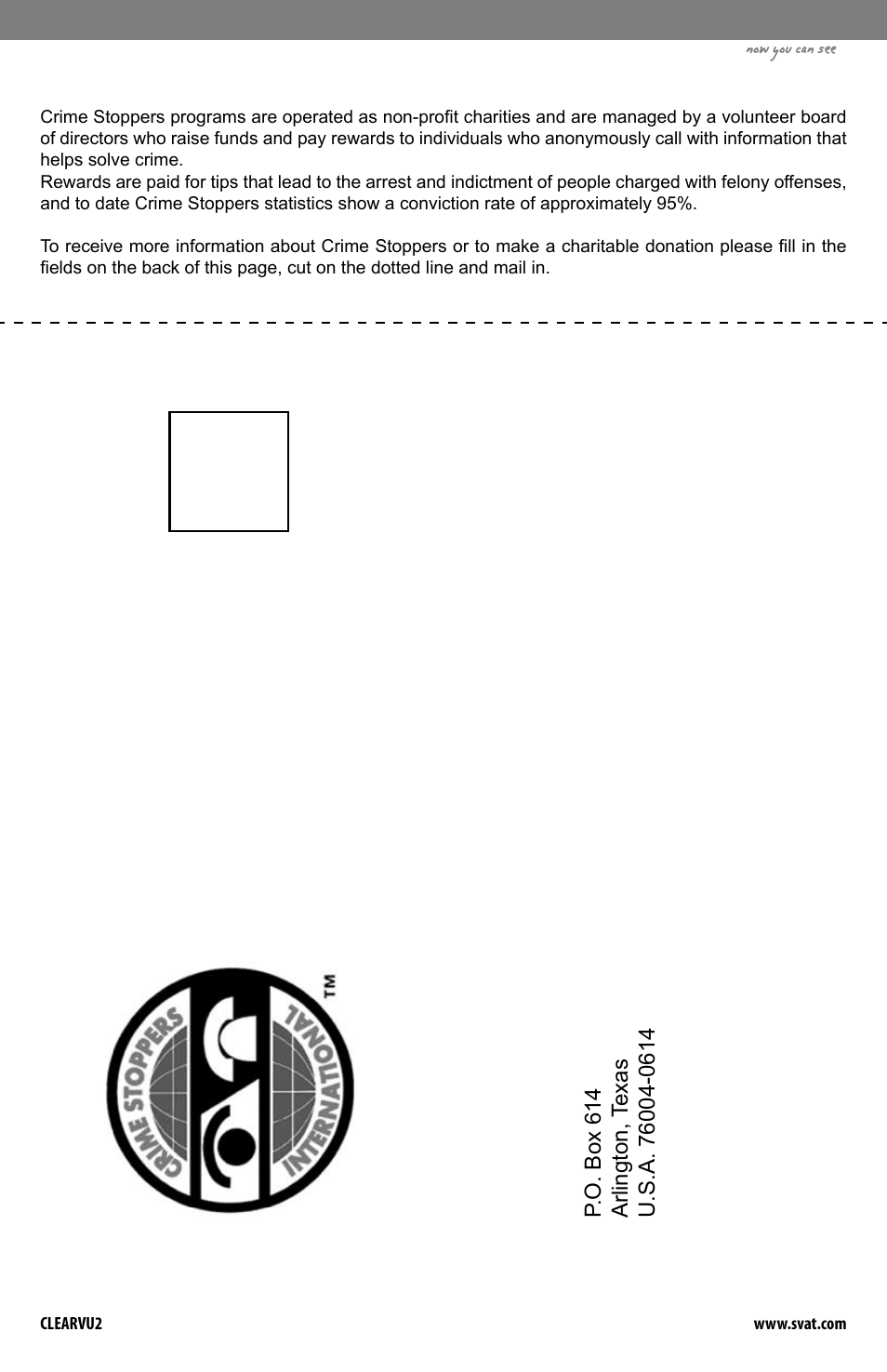 Crime st oppers interna tional, Svat supports crime stoppers | SVAT Electronics CLEARVU2 User Manual | Page 29 / 32