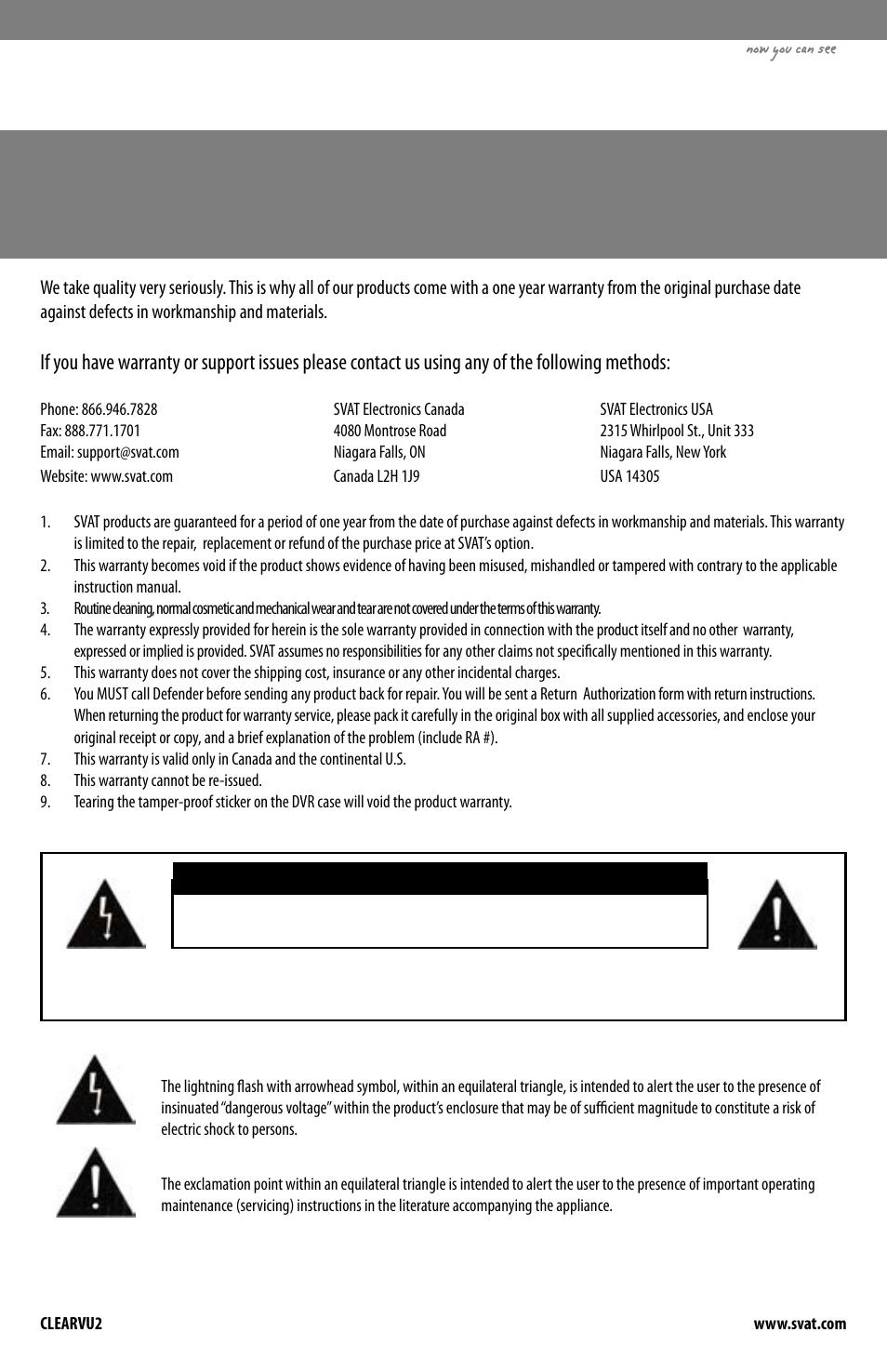 Product warranty & registration, Caution risk of electric shock, do not open | SVAT Electronics CLEARVU2 User Manual | Page 3 / 32