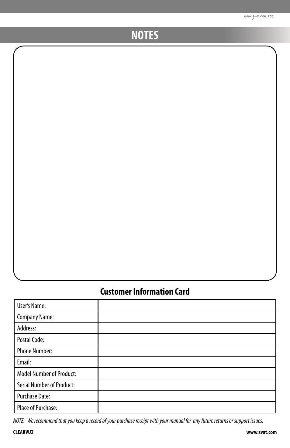 Customer information card | SVAT Electronics CLEARVU2 User Manual | Page 31 / 32