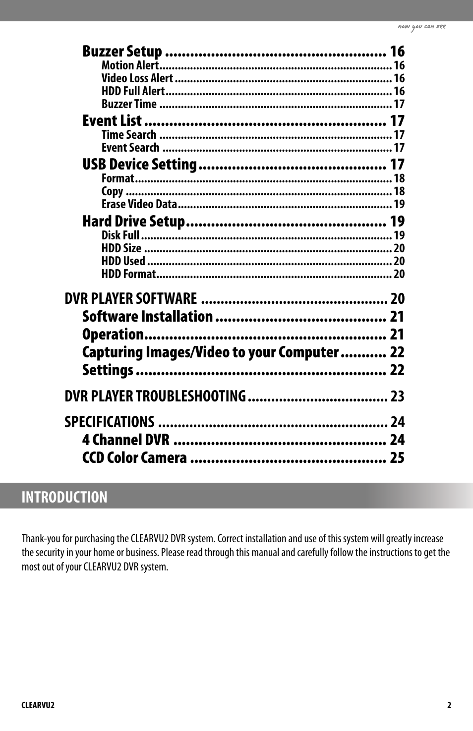 Introduction, Buzzer setup, Event list | Usb device setting, Hard drive setup | SVAT Electronics CLEARVU2 User Manual | Page 5 / 32