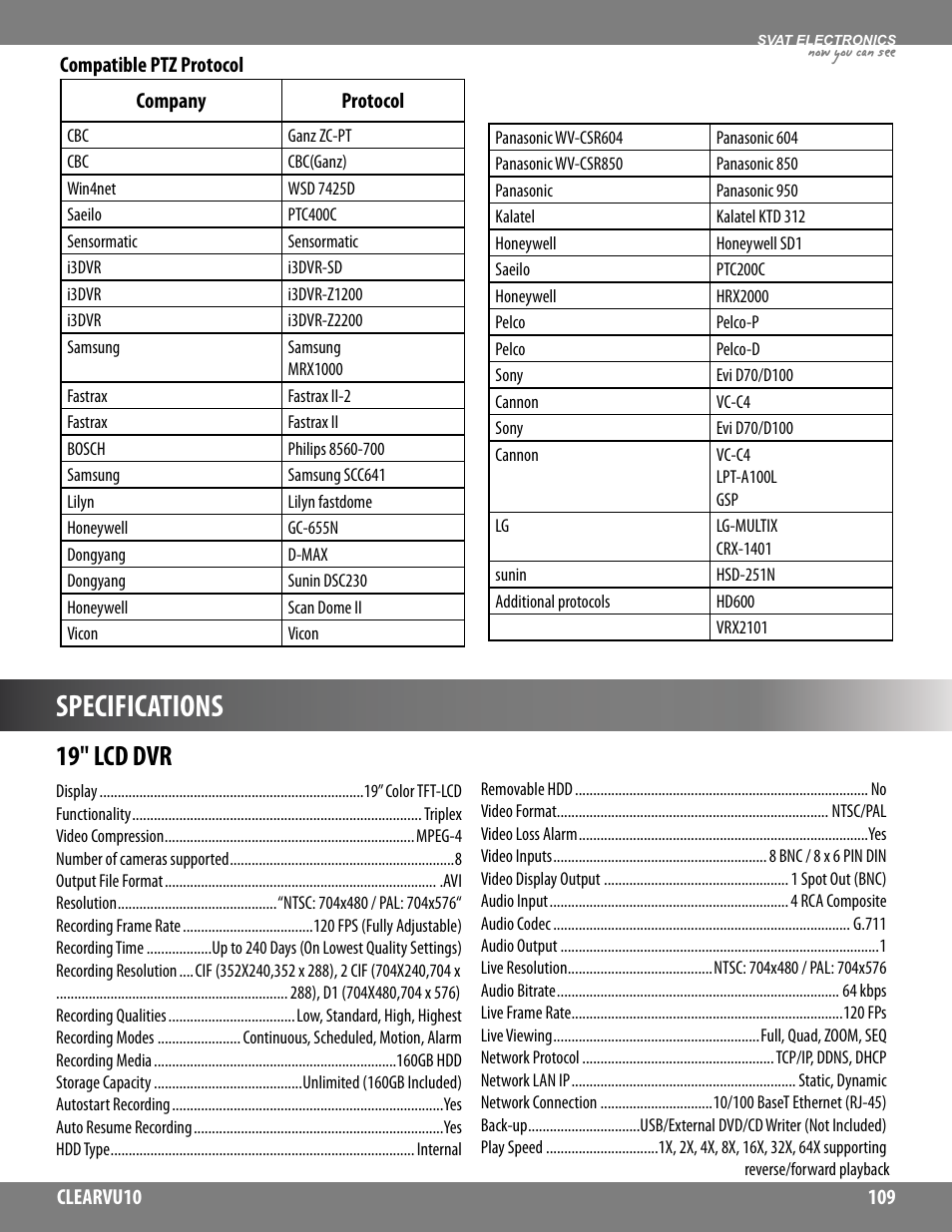 Specifications, 19" lcd dvr, Now you can see | SVAT Electronics CLEARVU10 User Manual | Page 109 / 120