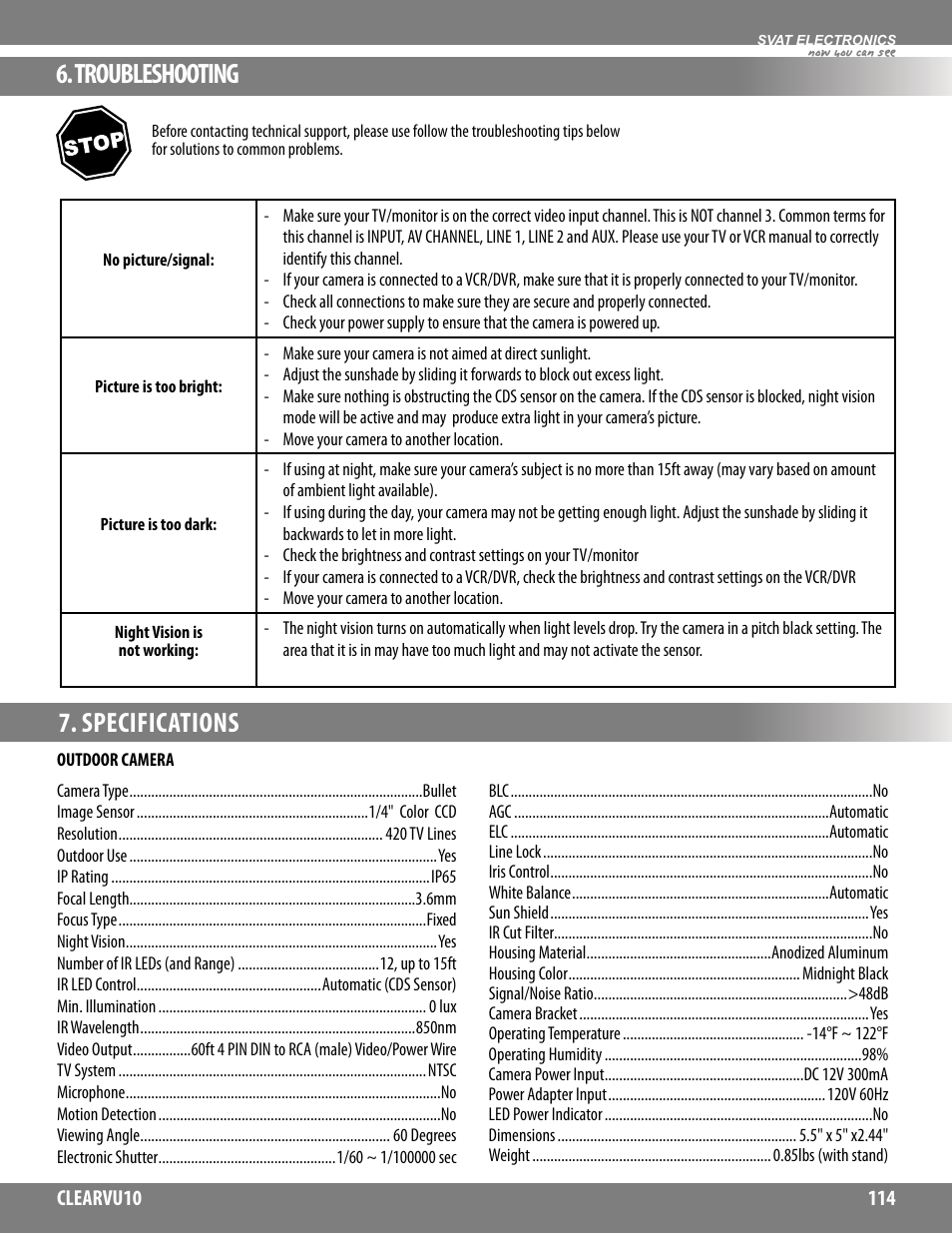 Troubleshooting, Specifications, Now you can see | SVAT Electronics CLEARVU10 User Manual | Page 114 / 120