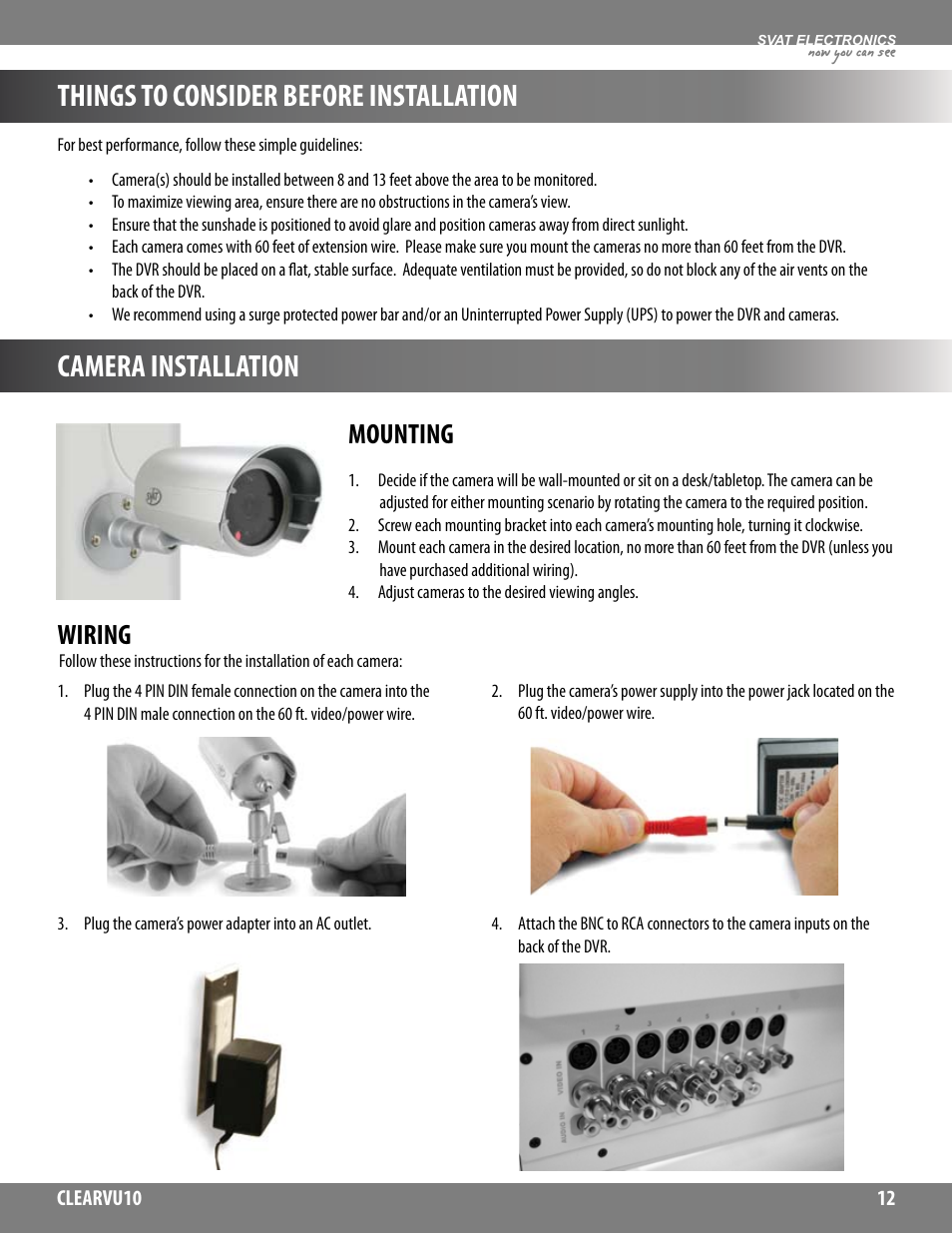 Things to consider before installation, Camera installation, Mounting | Wiring | SVAT Electronics CLEARVU10 User Manual | Page 12 / 120