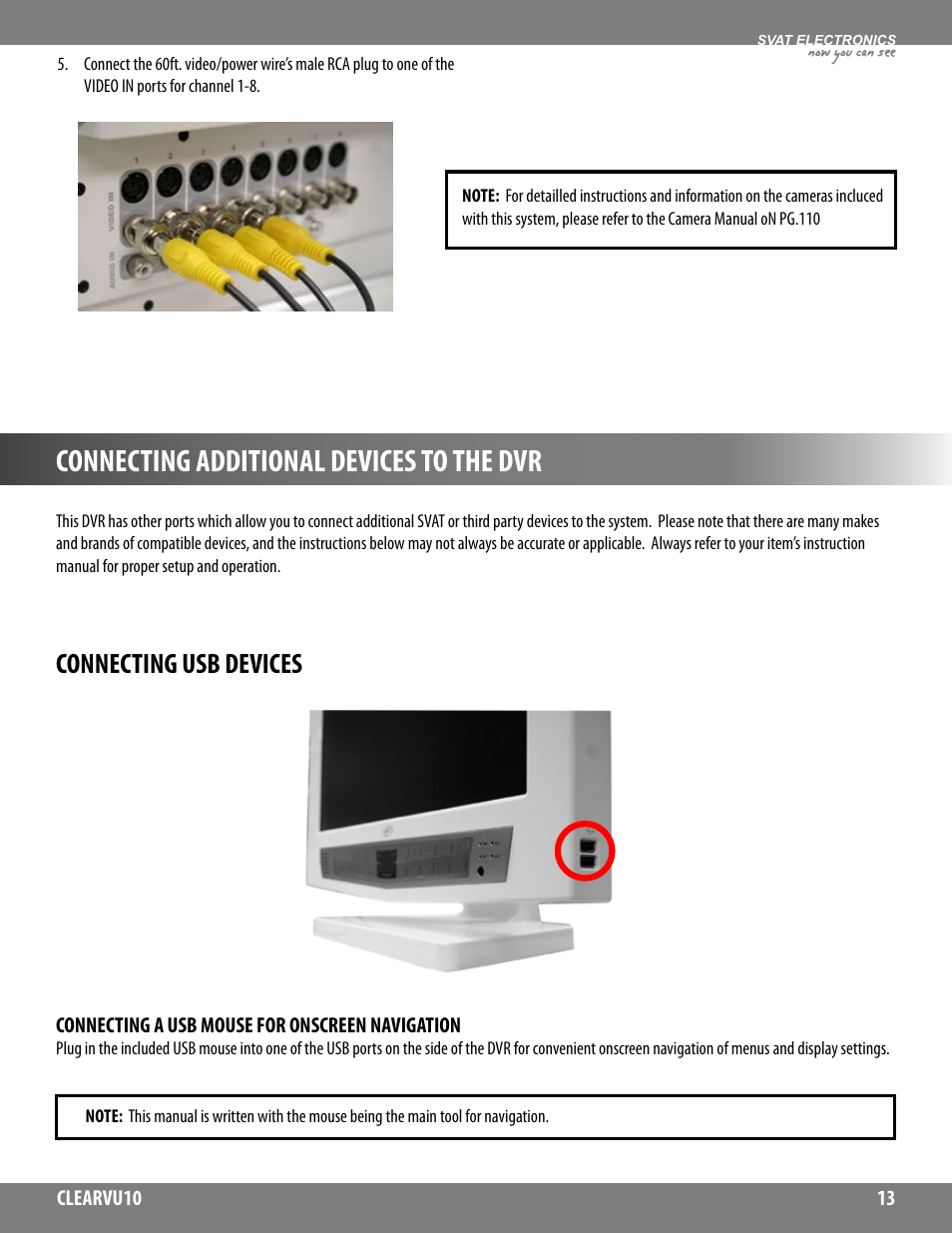 Connecting additional devices to the dvr, Connecting usb devices | SVAT Electronics CLEARVU10 User Manual | Page 13 / 120