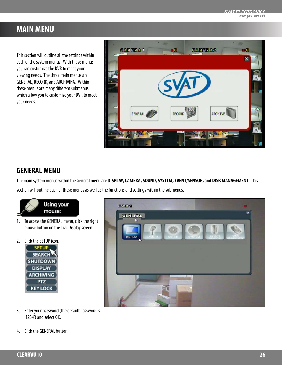 Main menu, General menu | SVAT Electronics CLEARVU10 User Manual | Page 26 / 120