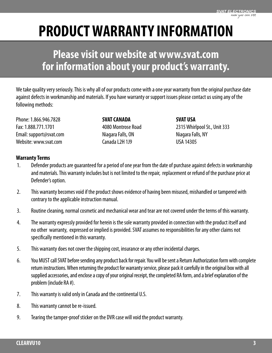 Product warranty information | SVAT Electronics CLEARVU10 User Manual | Page 3 / 120