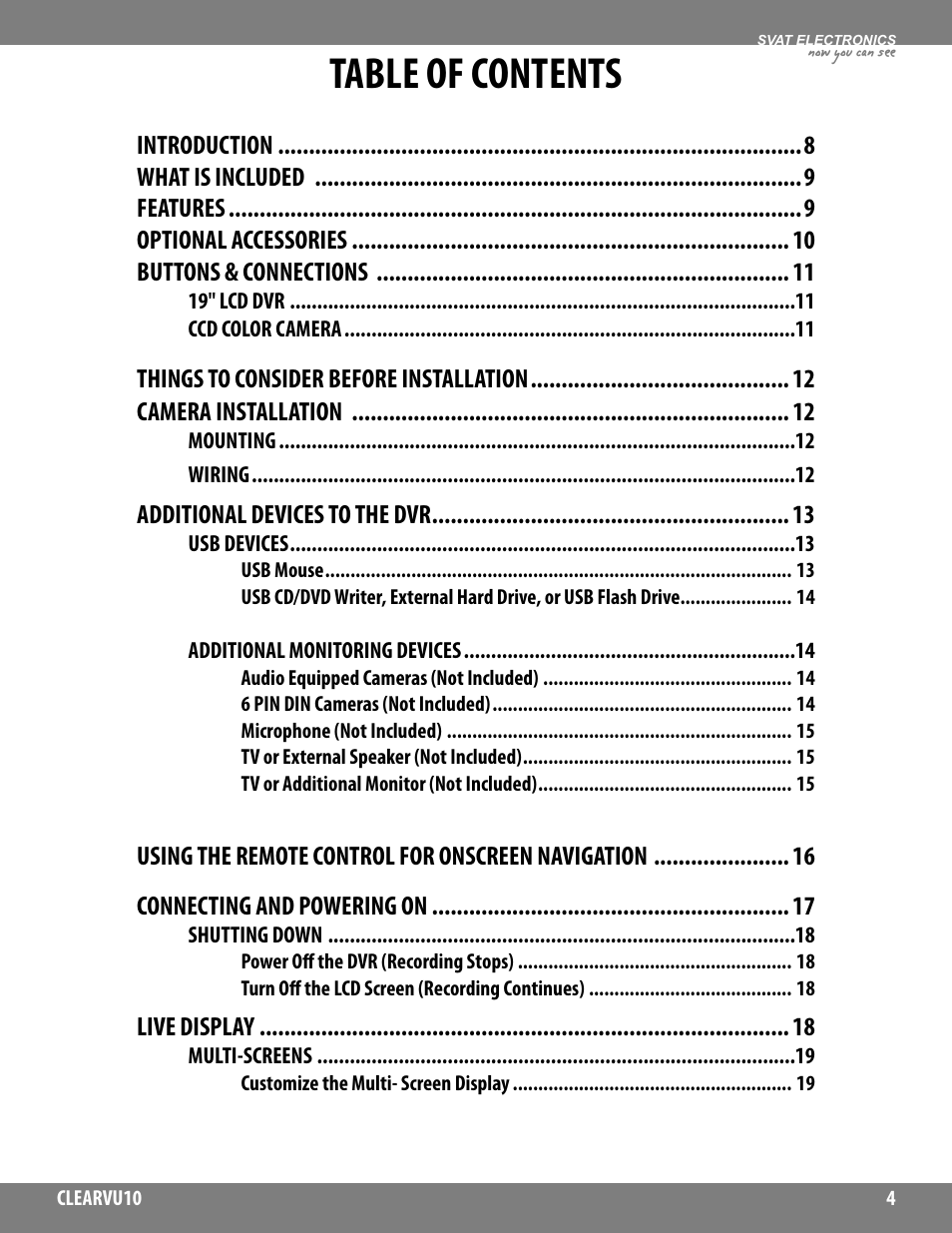 SVAT Electronics CLEARVU10 User Manual | Page 4 / 120