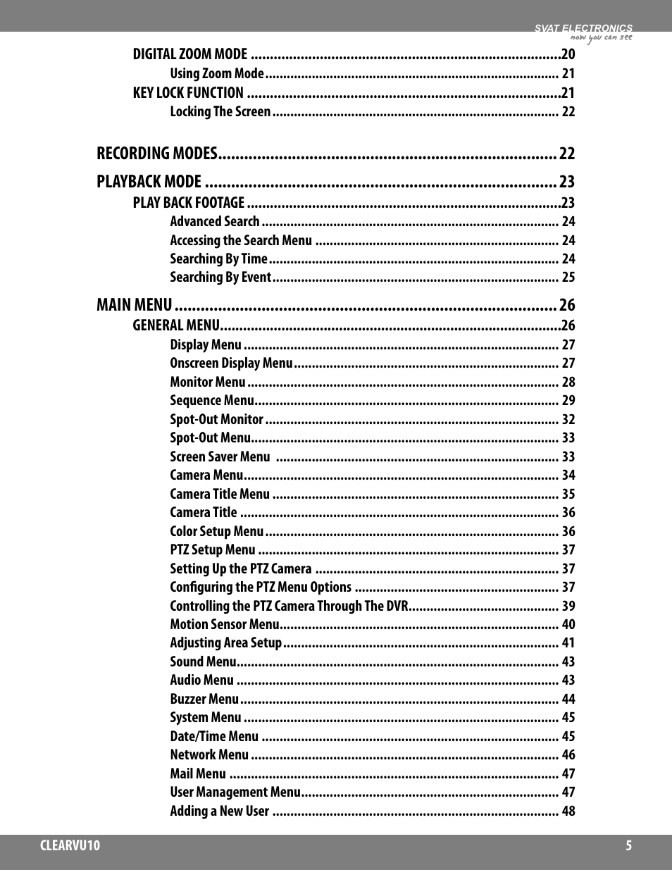 Recording modes playback mode, Main menu | SVAT Electronics CLEARVU10 User Manual | Page 5 / 120