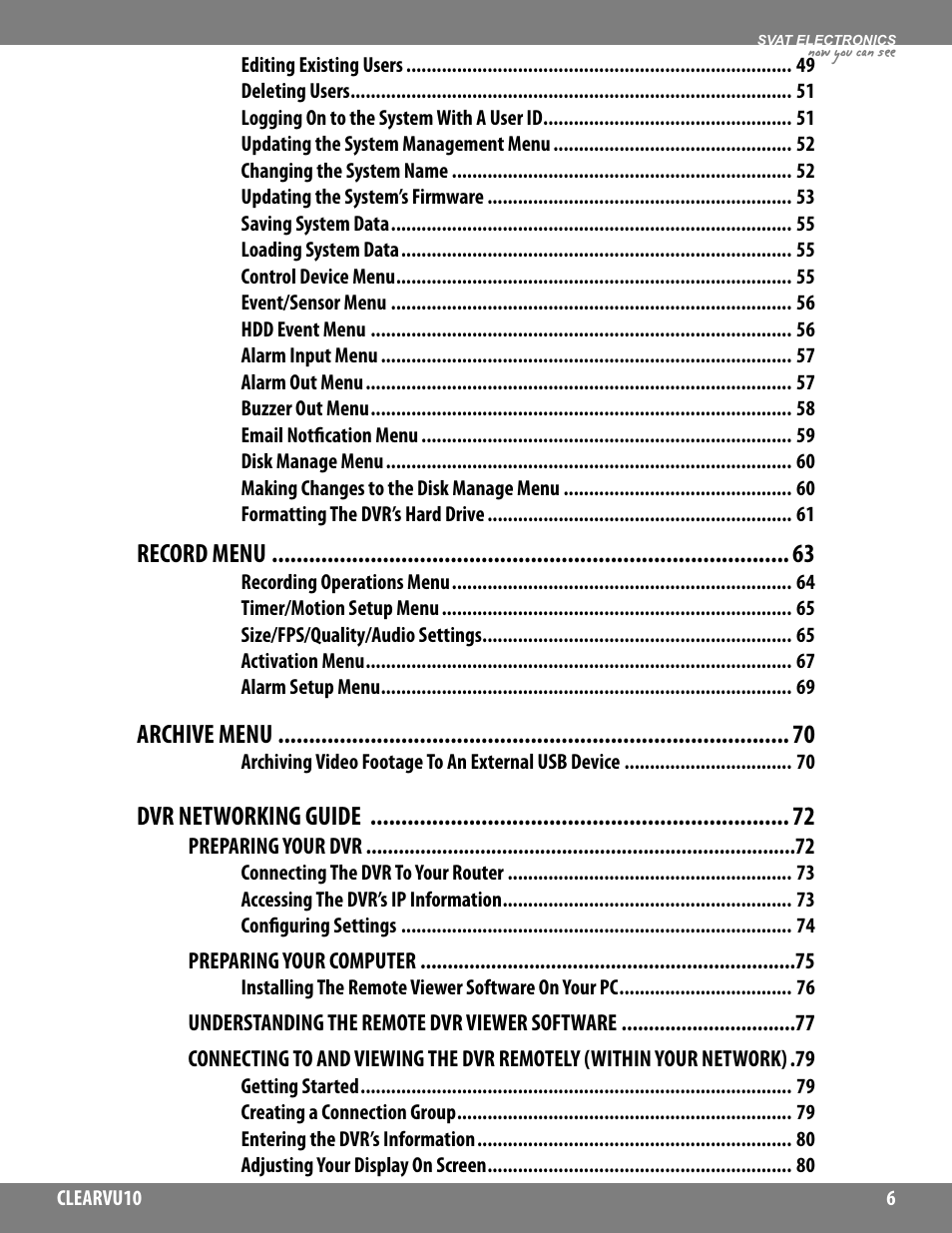 Record menu, Archive menu, Dvr networking guide | SVAT Electronics CLEARVU10 User Manual | Page 6 / 120