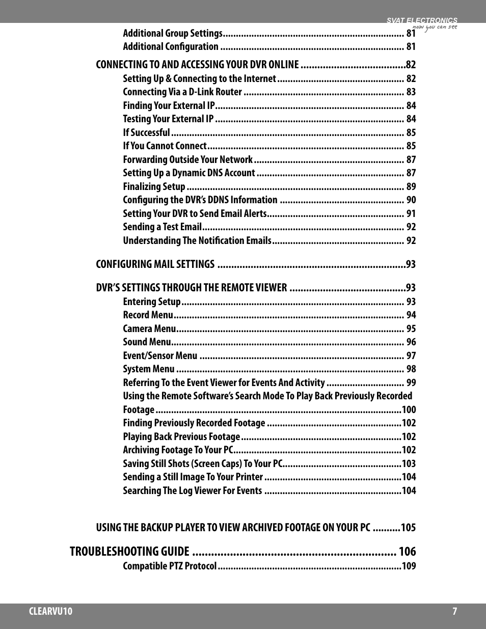 Troubleshooting guide | SVAT Electronics CLEARVU10 User Manual | Page 7 / 120