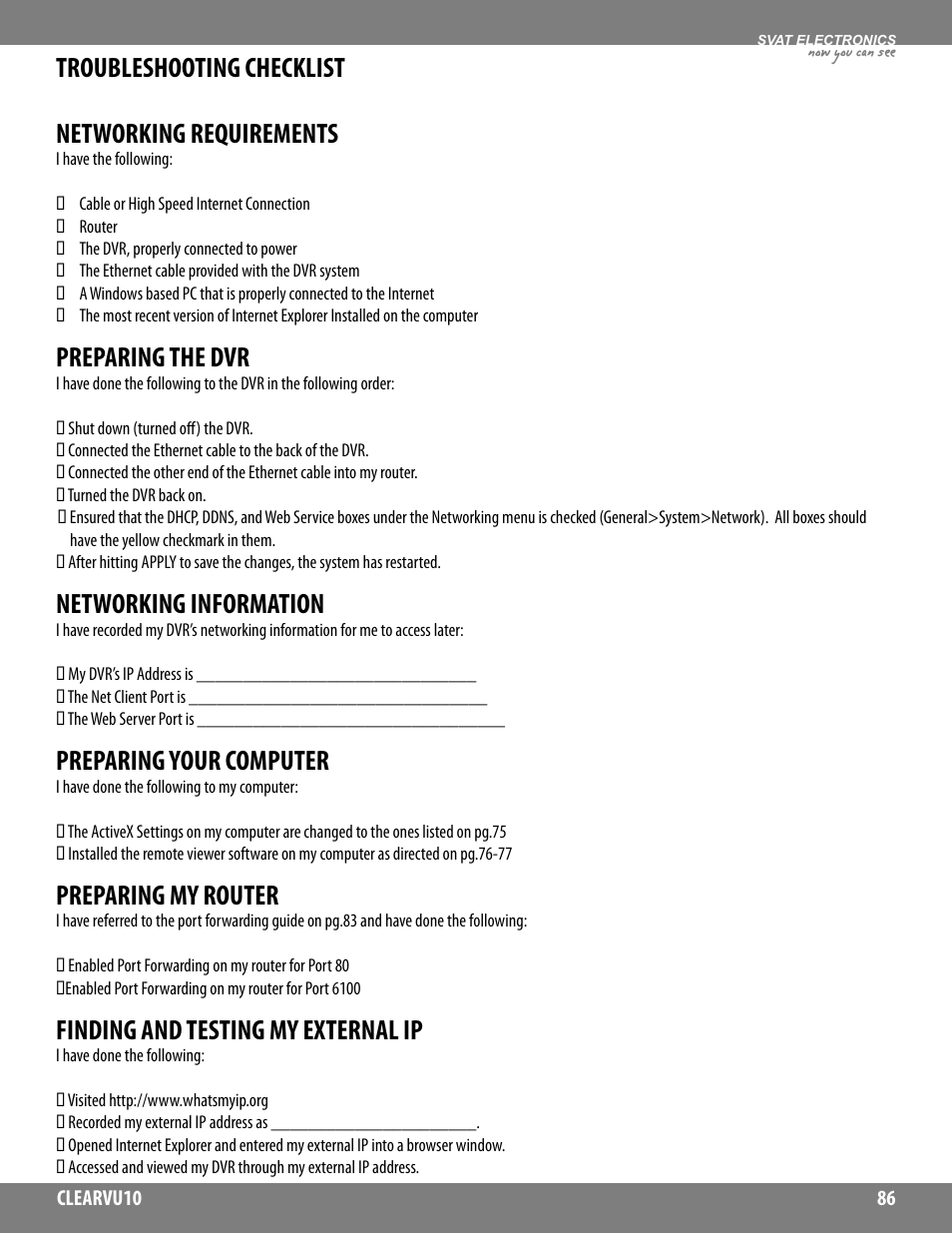 Troubleshooting checklist networking requirements, Preparing the dvr, Networking information | Preparing your computer, Preparing my router, Finding and testing my external ip, Now you can see | SVAT Electronics CLEARVU10 User Manual | Page 86 / 120