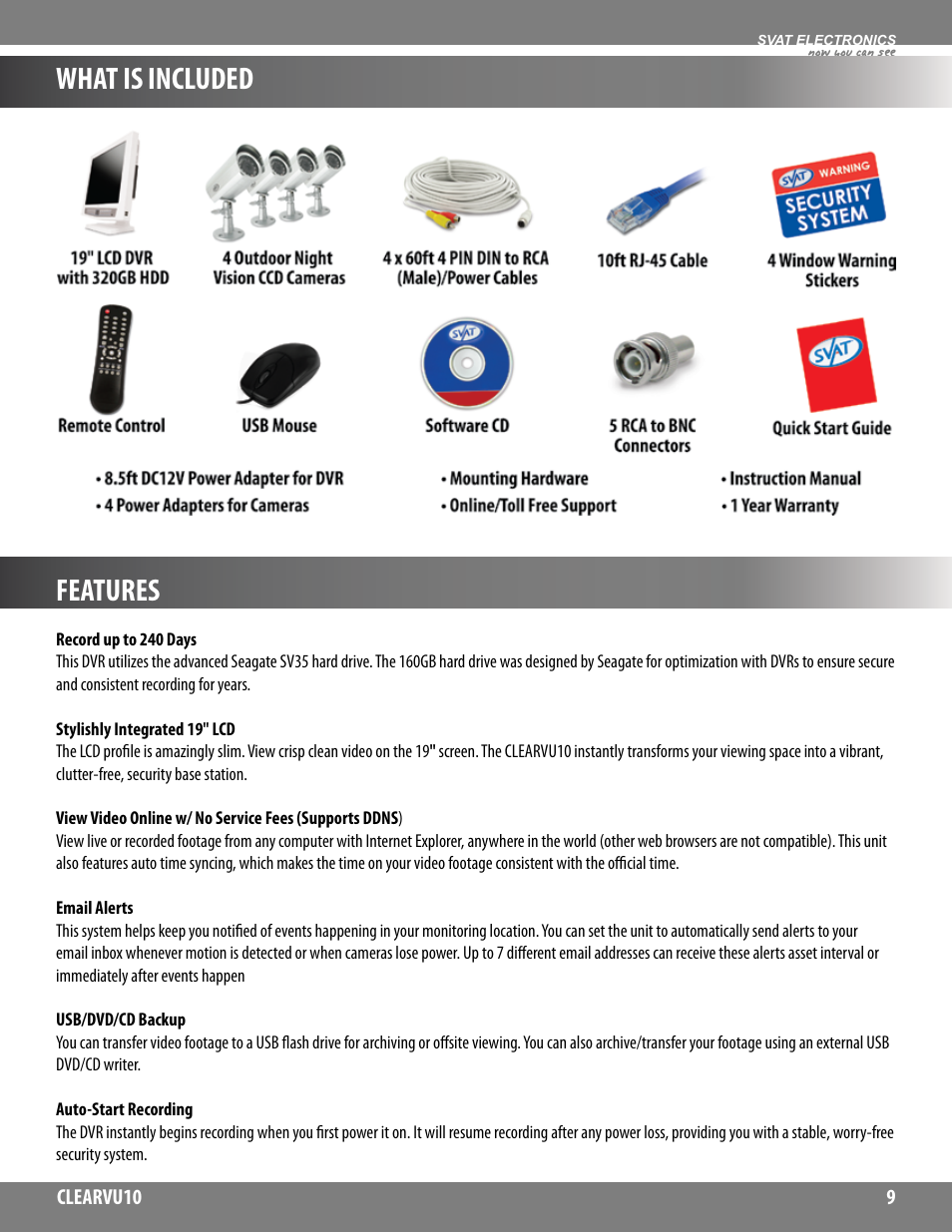 What is included, Features | SVAT Electronics CLEARVU10 User Manual | Page 9 / 120