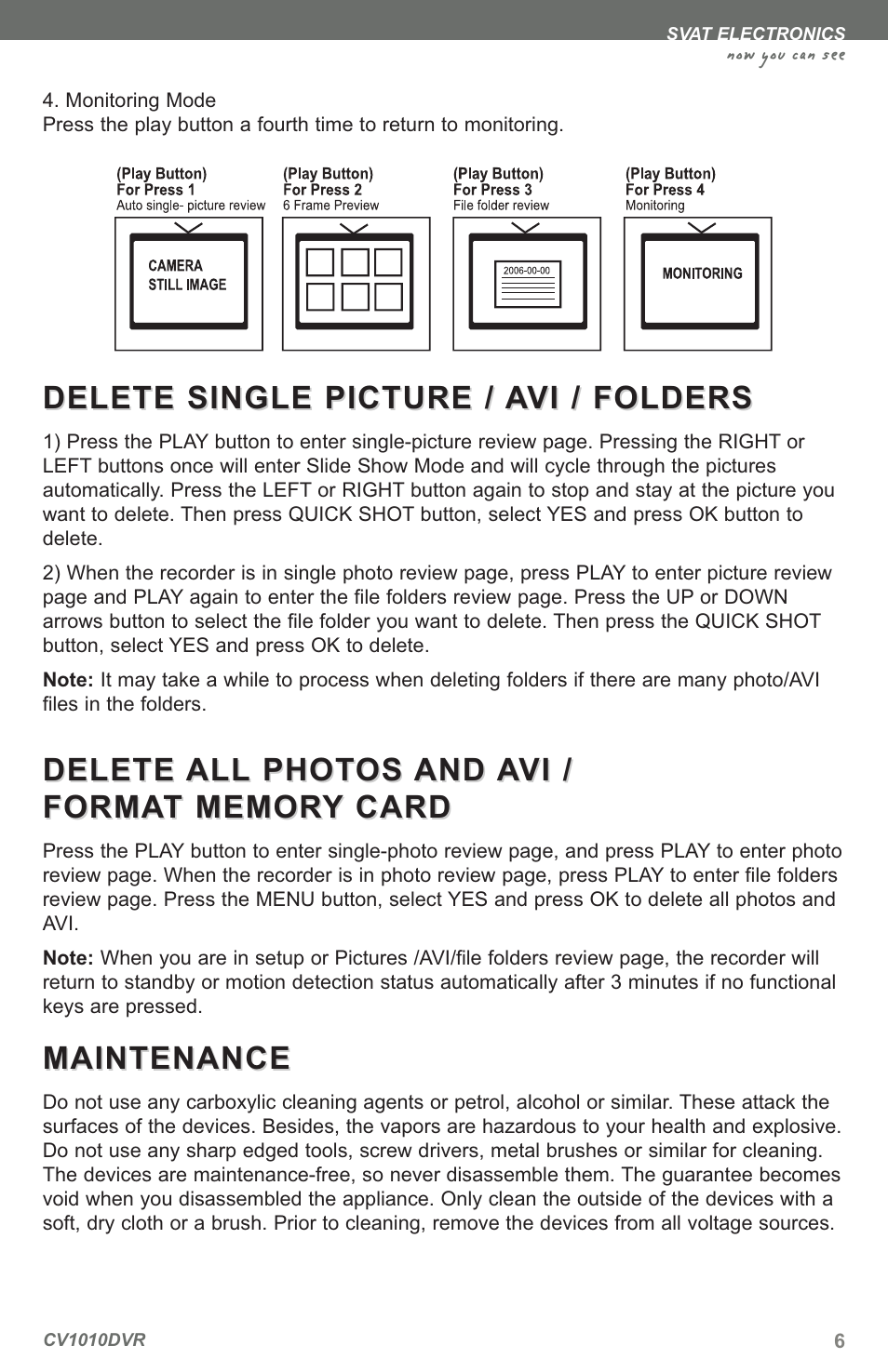 Delete single picture, Delete, Maintenance | SVAT Electronics CV1010 User Manual | Page 9 / 16