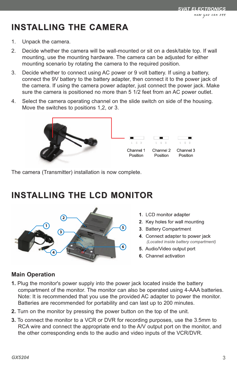 Inst, Inst alling the camera alling the camera | SVAT Electronics GX5204 User Manual | Page 6 / 16