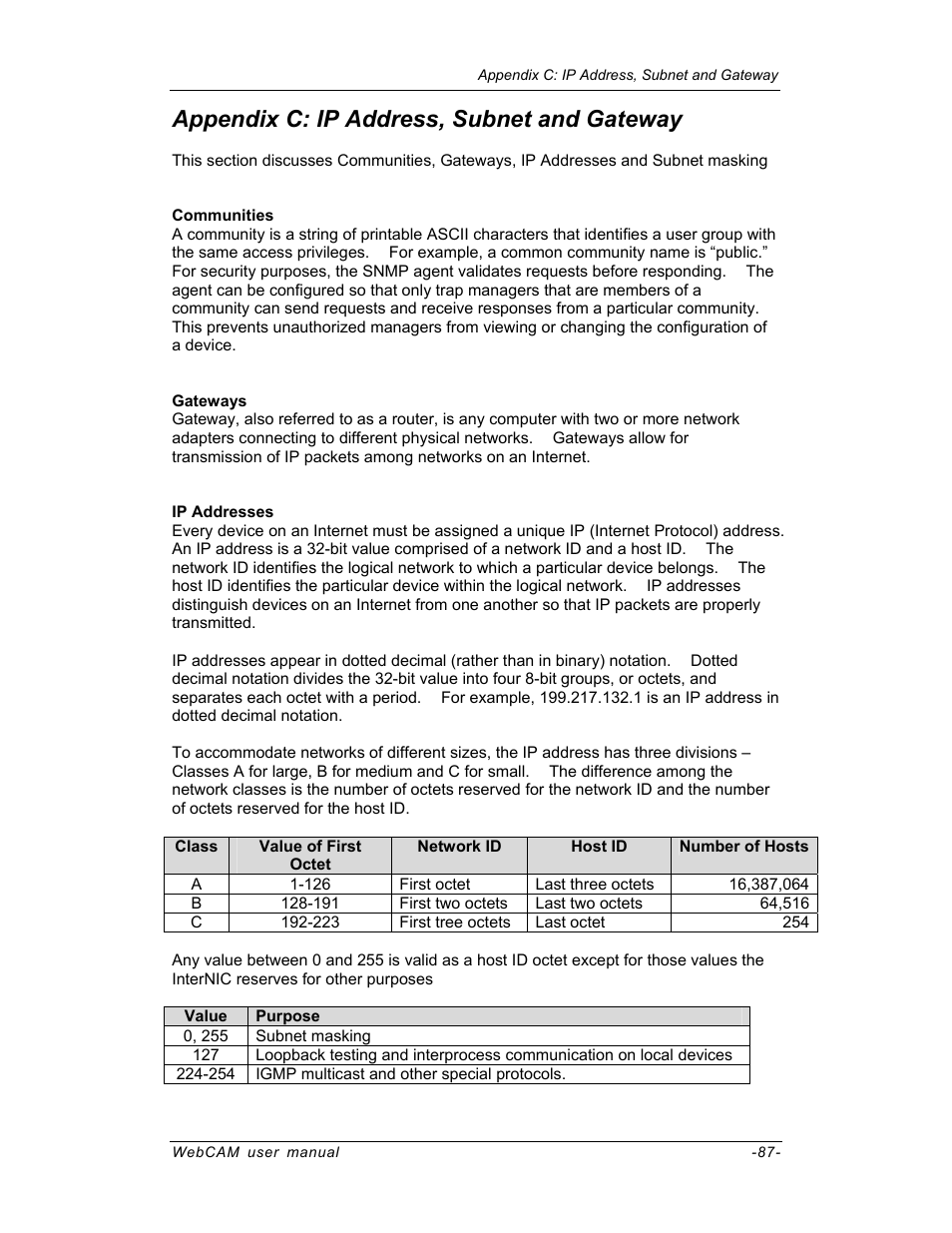 Appendix c: ip address, subnet and gateway | SVAT Electronics IP100 User Manual | Page 90 / 92