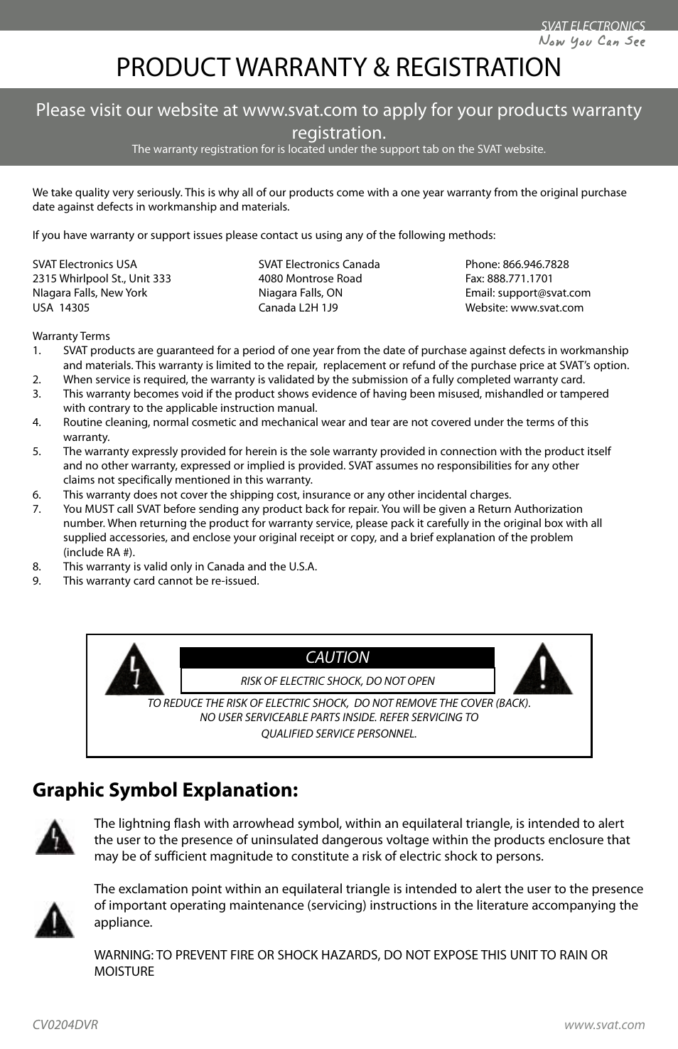 Product warranty & registration, Graphic symbol explanation, Now you can see | Caution | SVAT Electronics CV0204DVR User Manual | Page 3 / 60