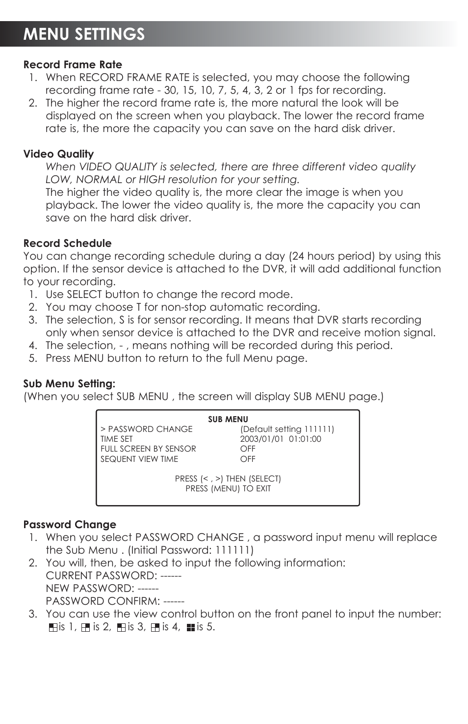 Menu settings | SVAT Electronics CVDVR200 User Manual | Page 10 / 16