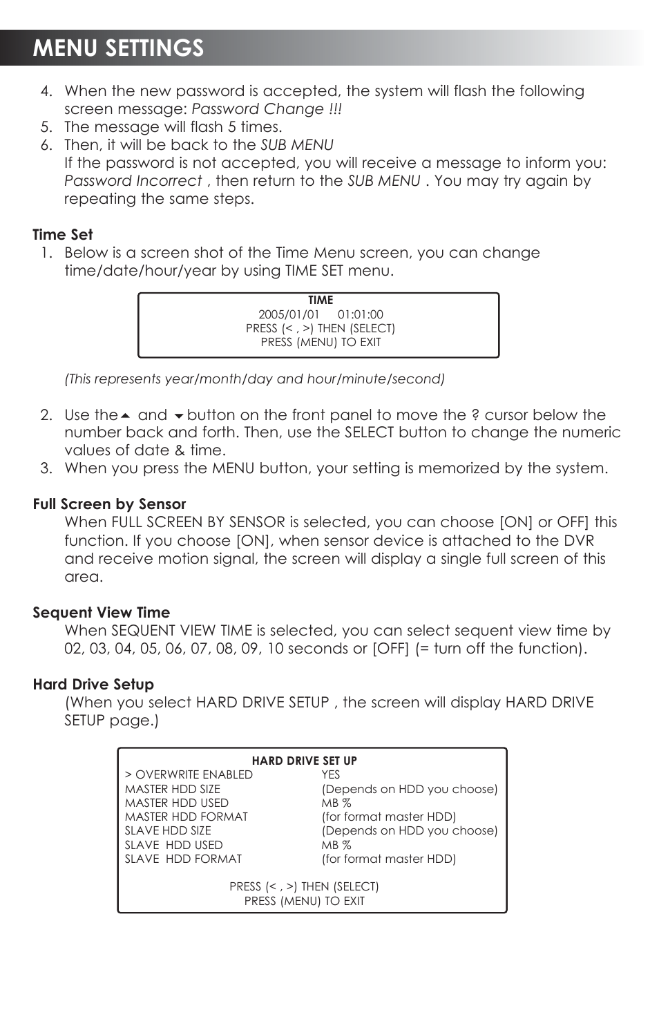 Menu settings | SVAT Electronics CVDVR200 User Manual | Page 11 / 16