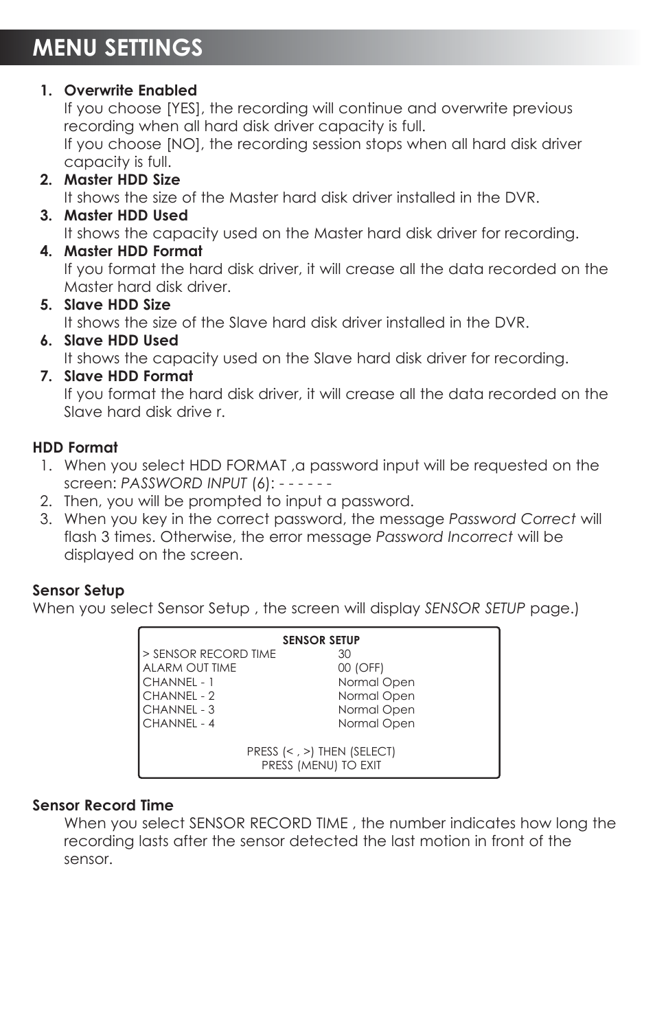 Menu settings | SVAT Electronics CVDVR200 User Manual | Page 12 / 16