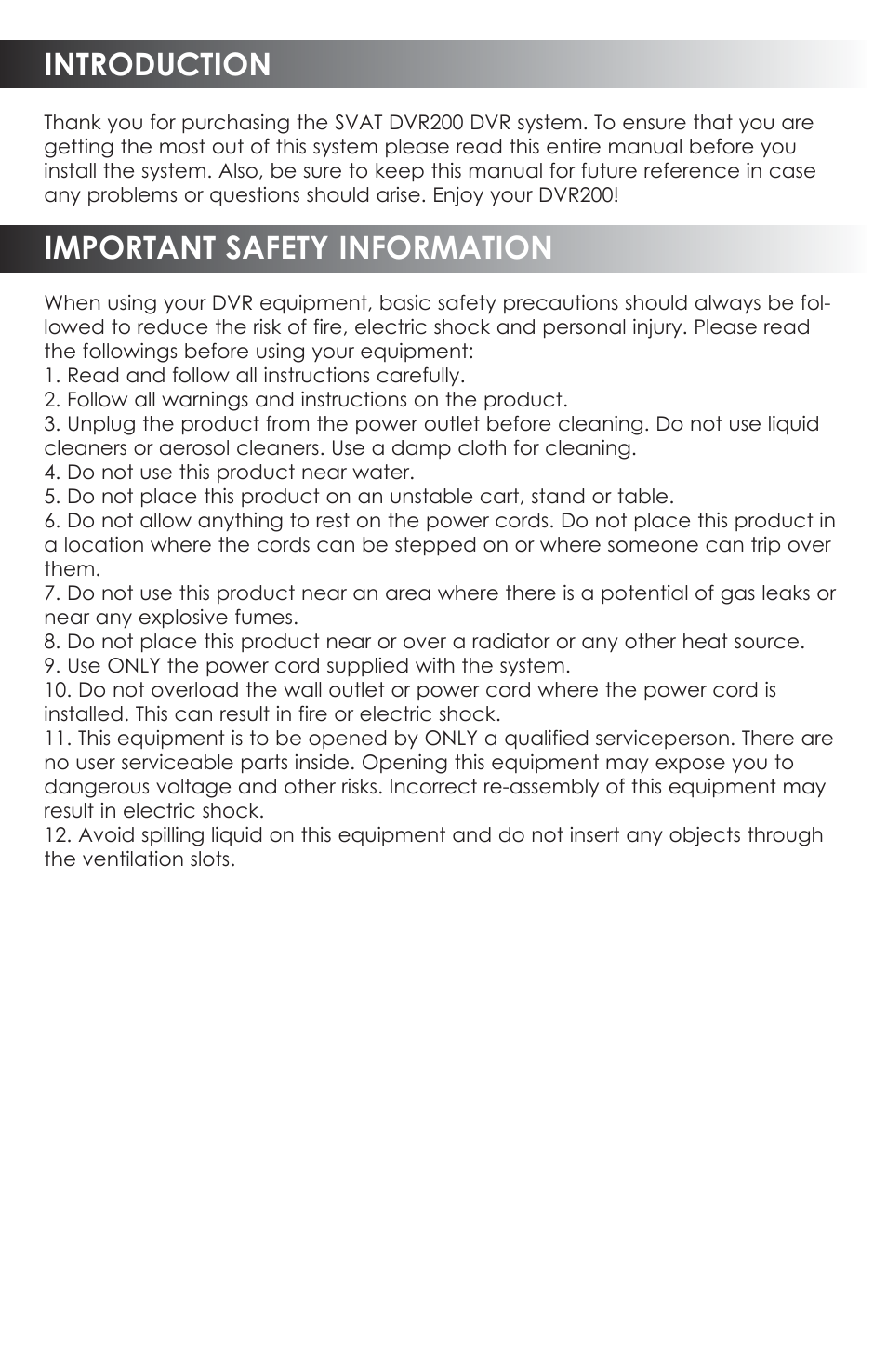 Introduction, Important safety information | SVAT Electronics CVDVR200 User Manual | Page 2 / 16