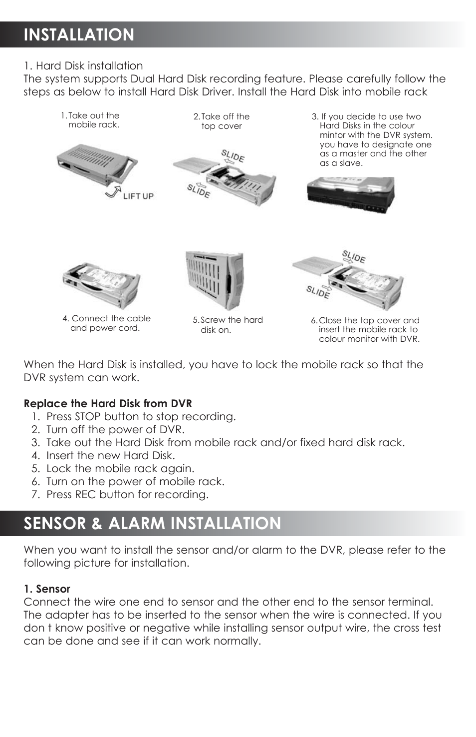 Installation, Sensor & alarm installation | SVAT Electronics CVDVR200 User Manual | Page 4 / 16
