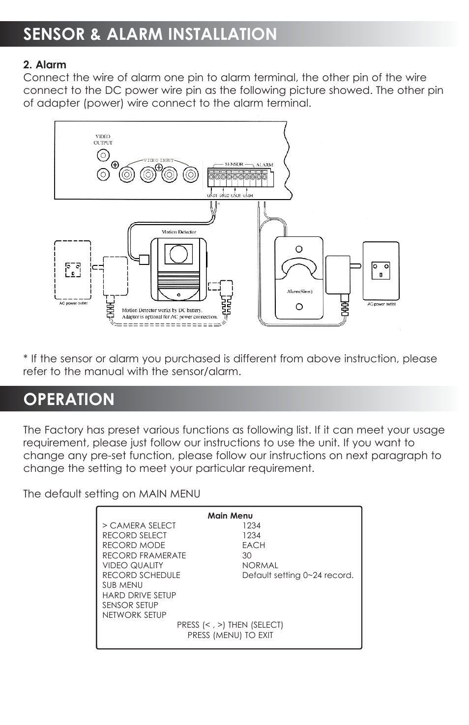 Sensor & alarm installation, Operation | SVAT Electronics CVDVR200 User Manual | Page 5 / 16