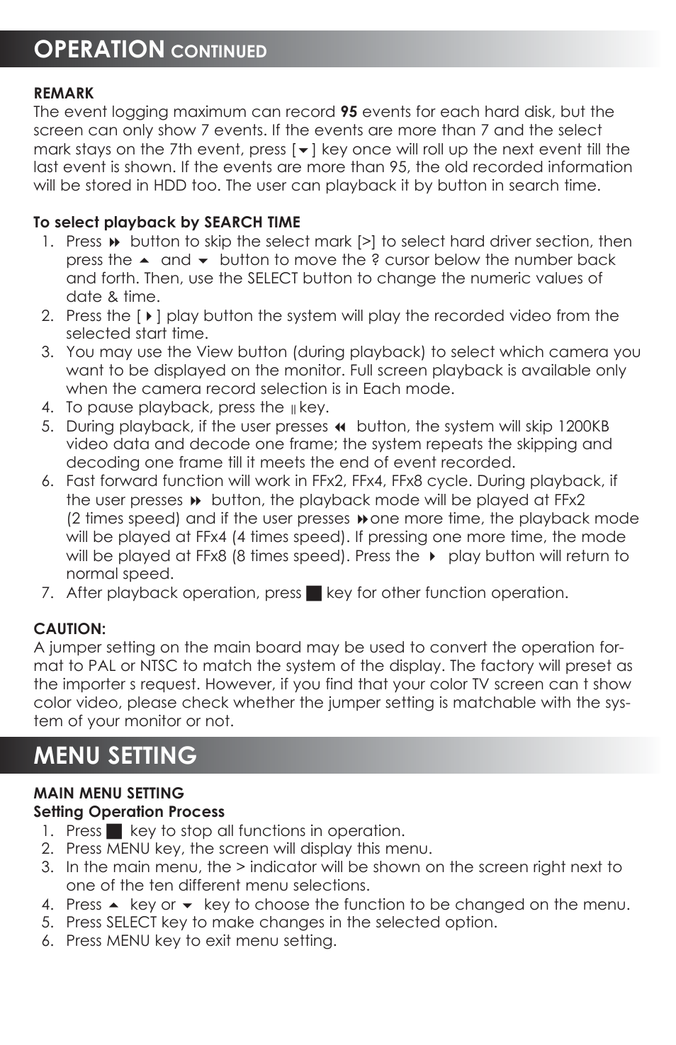 Operation, Menu setting | SVAT Electronics CVDVR200 User Manual | Page 8 / 16