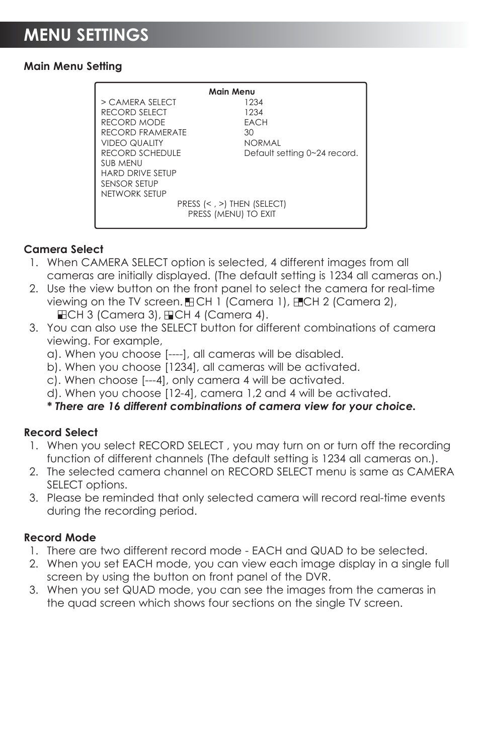 Menu settings | SVAT Electronics CVDVR200 User Manual | Page 9 / 16