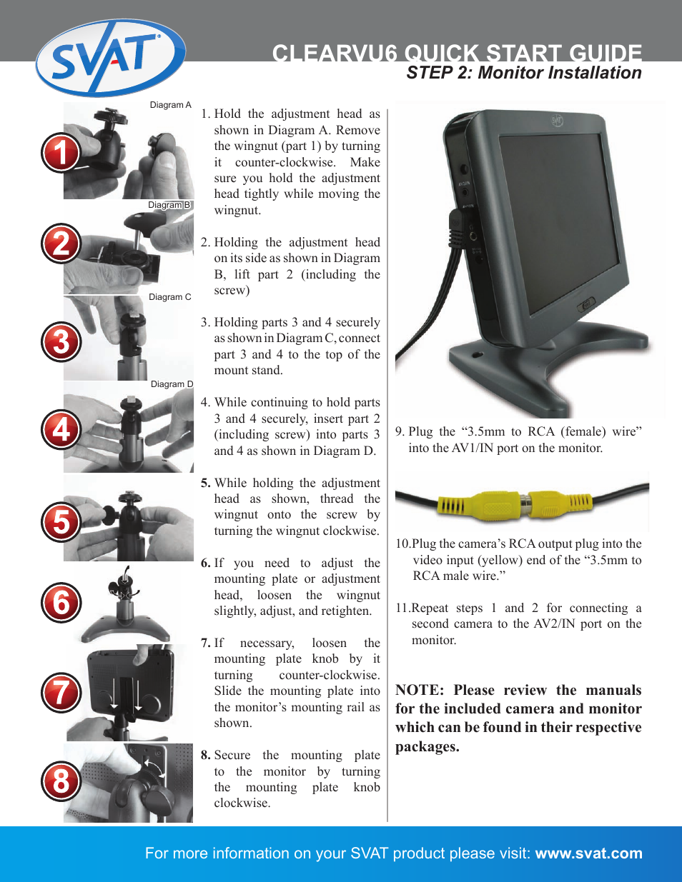 Clearvu6 quick start guide, Step 2: monitor installation | SVAT Electronics CLEARV U6 User Manual | Page 2 / 2