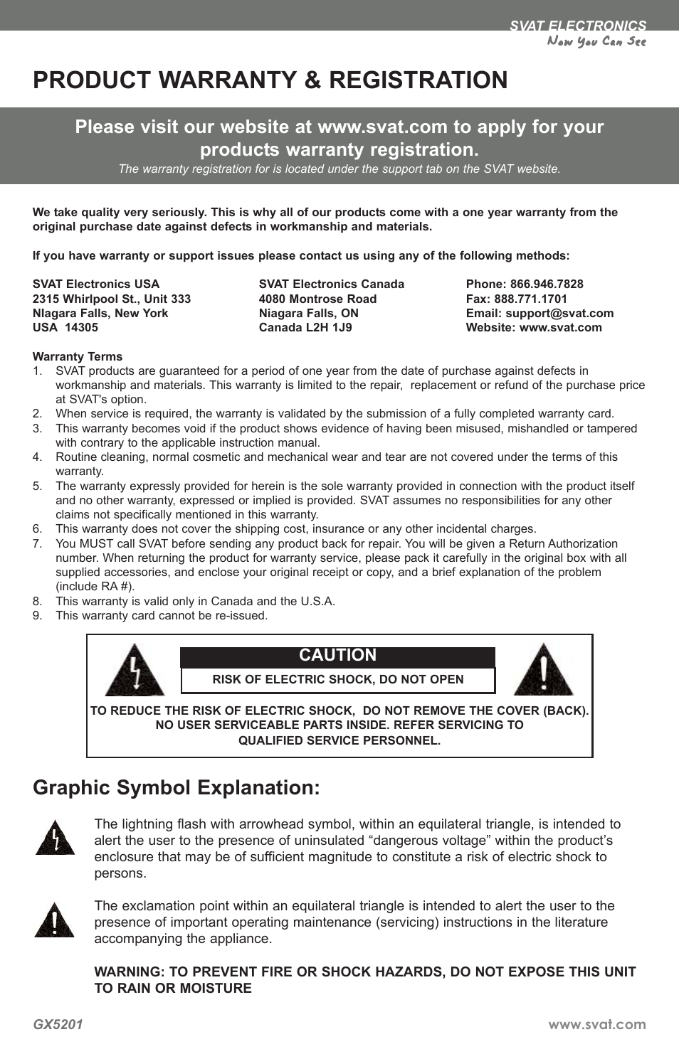 Product warranty & registration, Graphic symbol explanation, Now you can see | Caution | SVAT Electronics GX5201 User Manual | Page 2 / 12