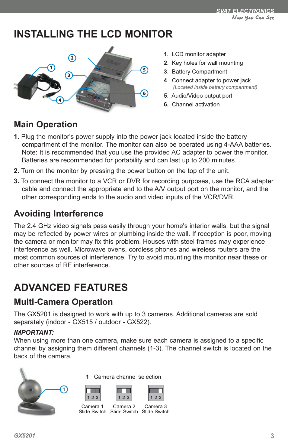 Installing the lcd monitor, Advanced features, Now you can see | Main operation, Avoiding interference, Multi-camera operation | SVAT Electronics GX5201 User Manual | Page 5 / 12