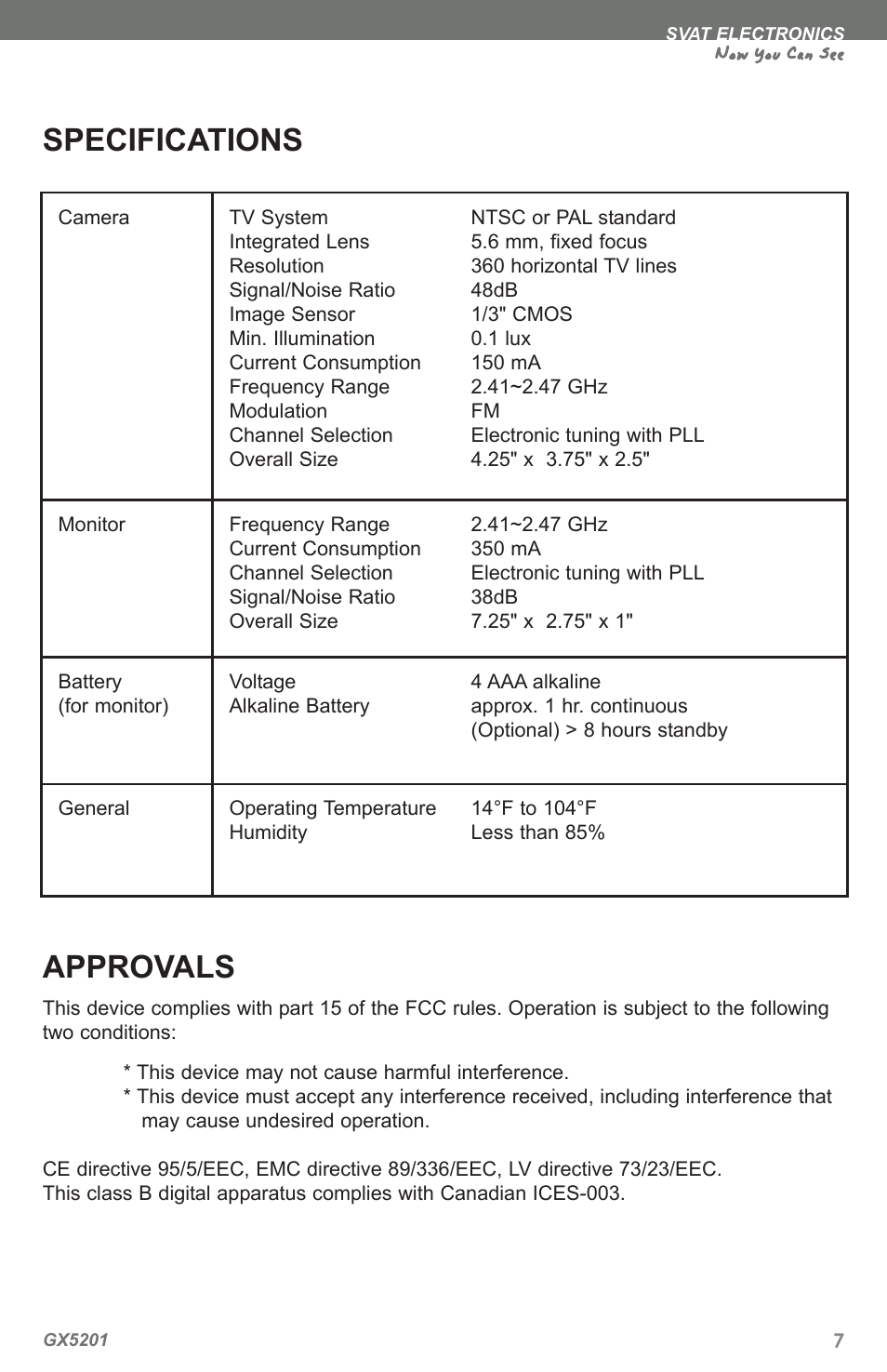 Approvals, Specifications, Now you can see | SVAT Electronics GX5201 User Manual | Page 9 / 12