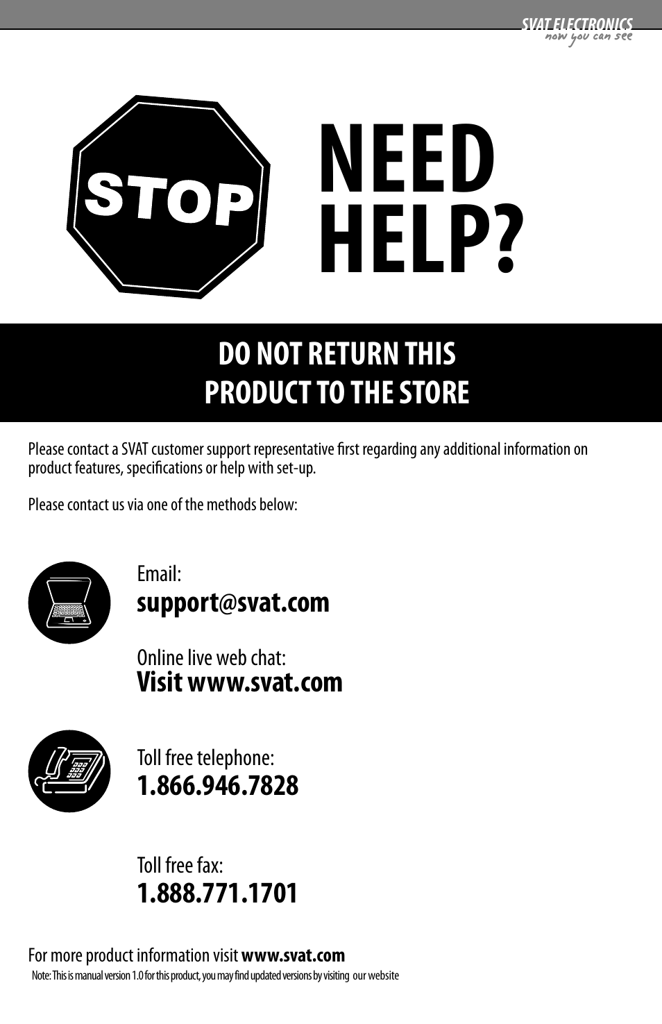 Need help, Do not return this product to the store | SVAT Electronics VU5 User Manual | Page 2 / 10