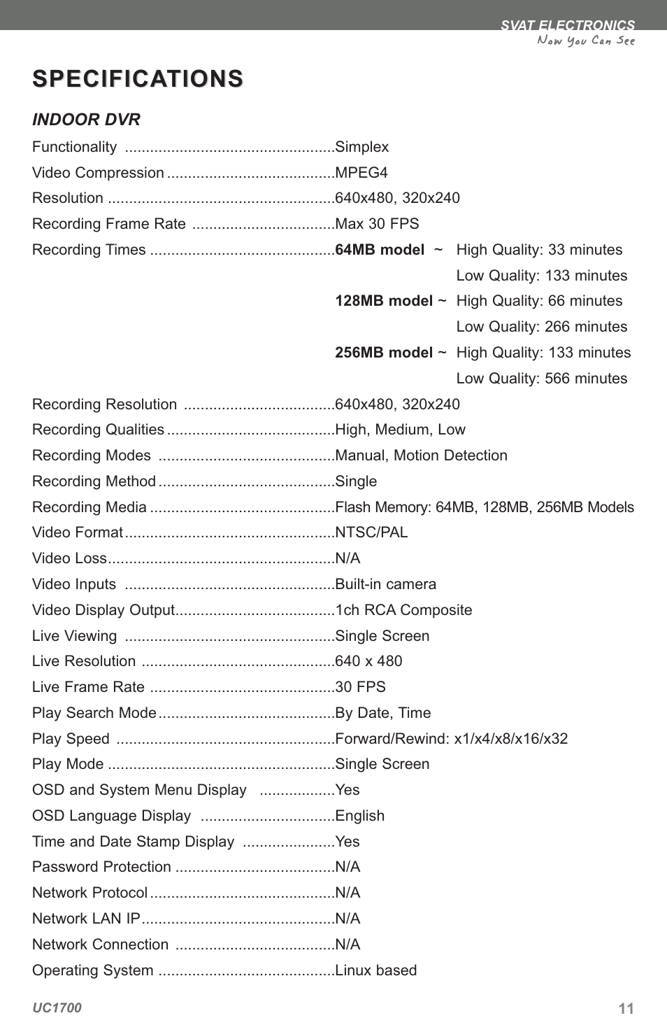 Specifica, Specifica tions tions, Now you can see | SVAT Electronics UC1700 User Manual | Page 14 / 20
