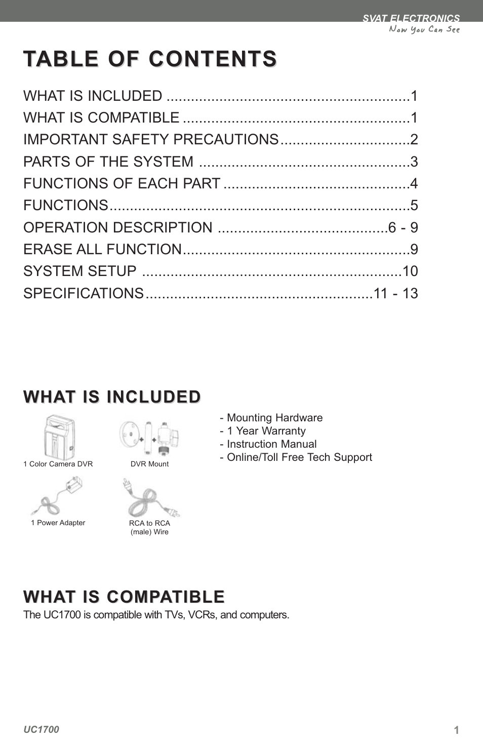 Table of contents able of contents | SVAT Electronics UC1700 User Manual | Page 4 / 20
