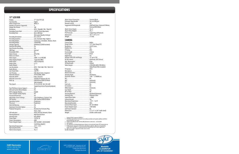Specifications, 17" lcd dvr, Camera | Clearvu9 | SVAT Electronics CLEARVU9 User Manual | Page 4 / 4
